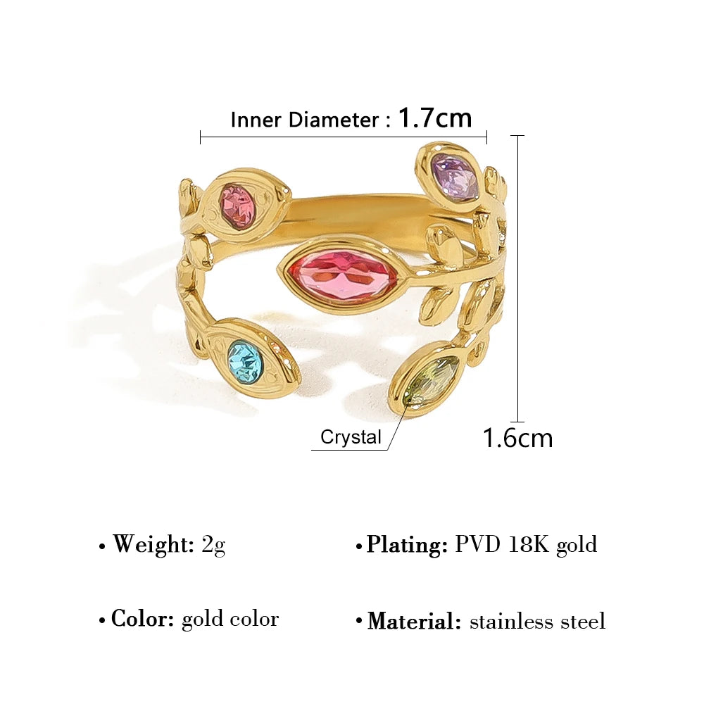 YACHAN Luxury Colorful Crystal Stainless Steel Ring for Women Chic 18K Gold Plated Trendy Jewelry Waterproof