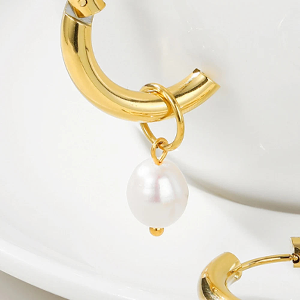 YACHAN Fashion Pearl Pendant Drop Earrings for Women Stainless Steel Hoop High Quality Waterproof Jewelry