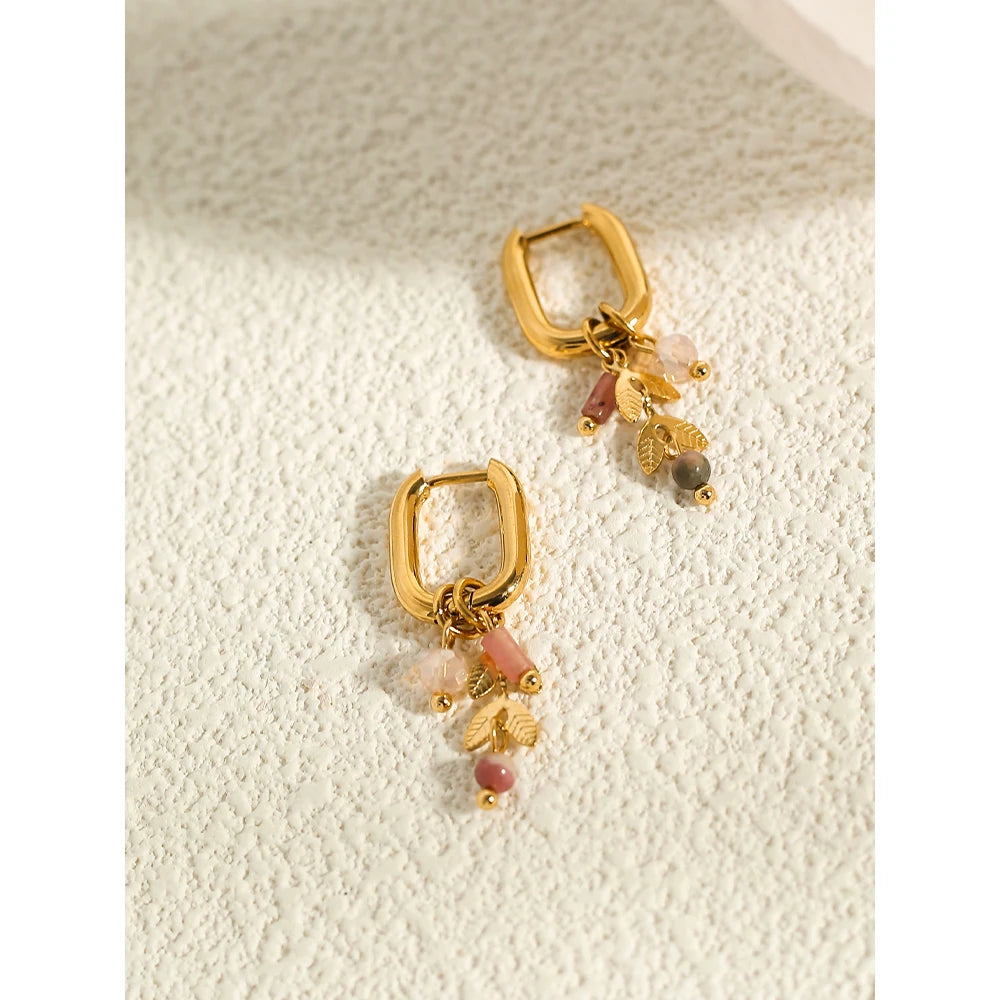 YACHAN New in 18K Gold Plated Stainless Steel Hoop Earrings for Women Cute Pink Crystal Natural Stone Charms Trendy Jewelry