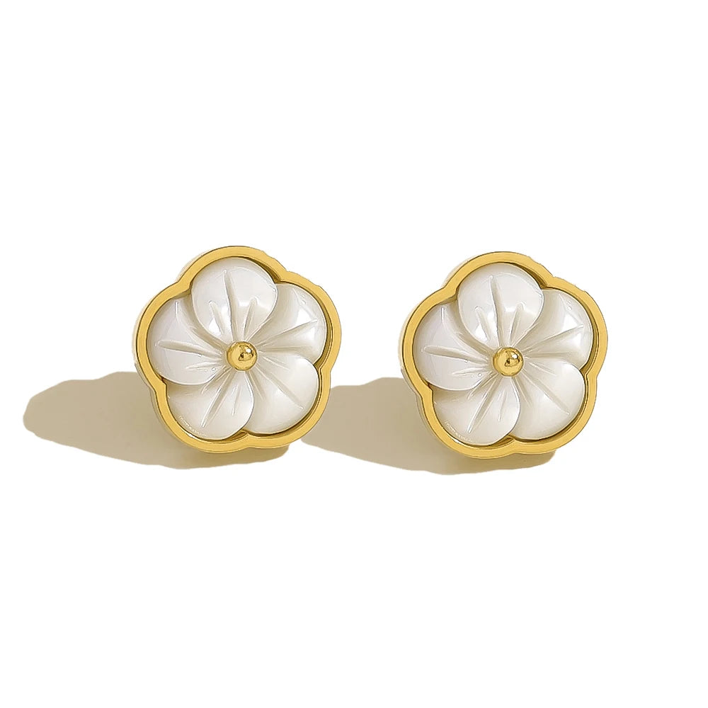 YACHAN White Shell Flower Series Stainless Steel Jewelry Earrings Ring Bracelet Necklace 18K Gold Plated Jewelry Sets Waterproof