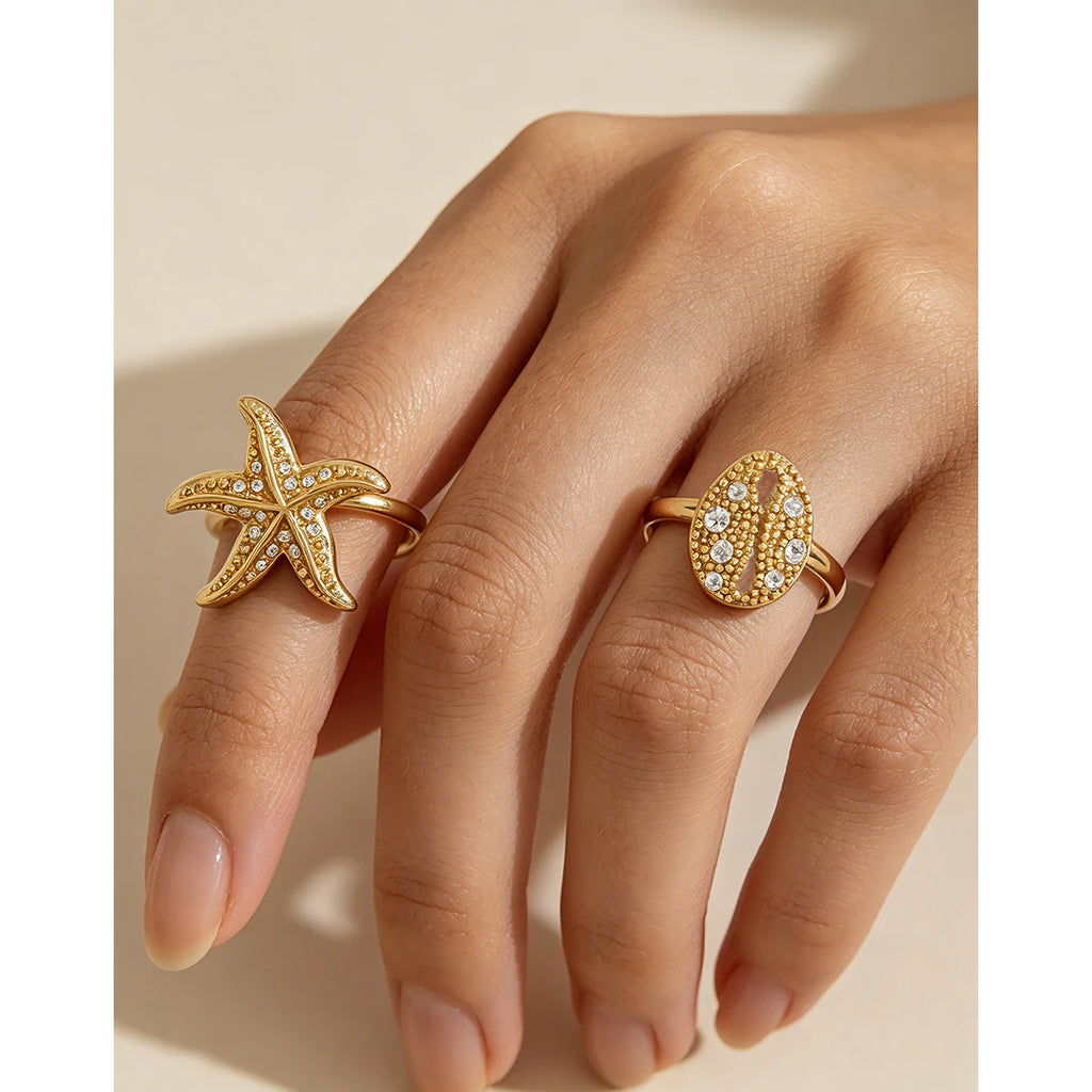 YACHAN 18K Gold Plated Starfish Rings for Women Waterproof Stainless Steel Adjustable Open Ring Ocean Beach Trendy Jewelry