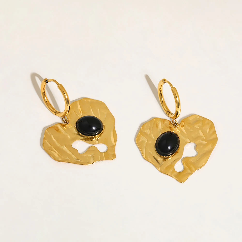YACHAN Trendy Irregular Heart Drop Earrings for Women Chic Black Stone Huggie Earring Aesthetic Jewelry Waterproof