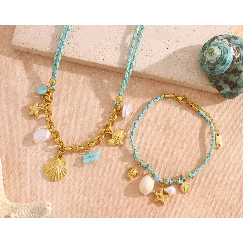 YACHAN Boho Ocean Pendant Necklace for Women 18K Gold Plated Stainless Steel Charms Vintage Bracelet Jewelry Set Waterproof