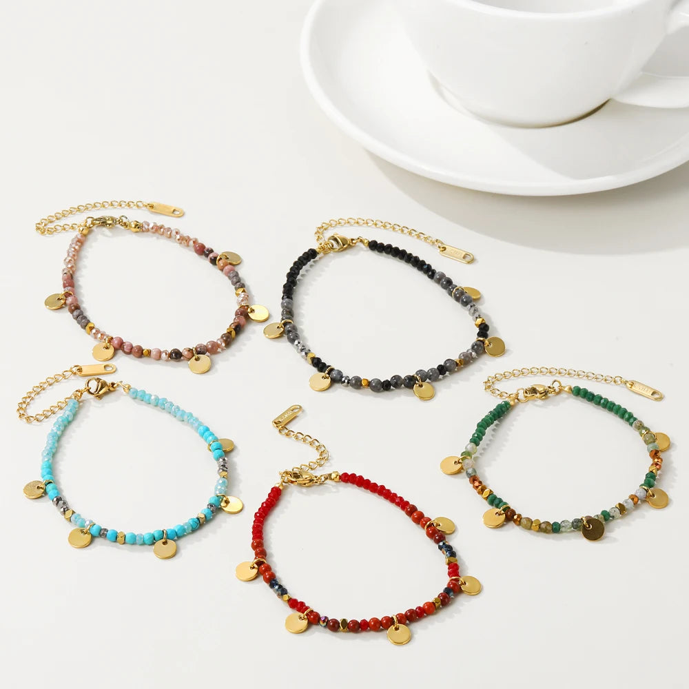 YACHAN Colorful Natural Stone Bead Handmade Link Bracelet Beaded Stainless Steel Bangle Y2K Bohemia Fashion Trendy Charm Jewelry