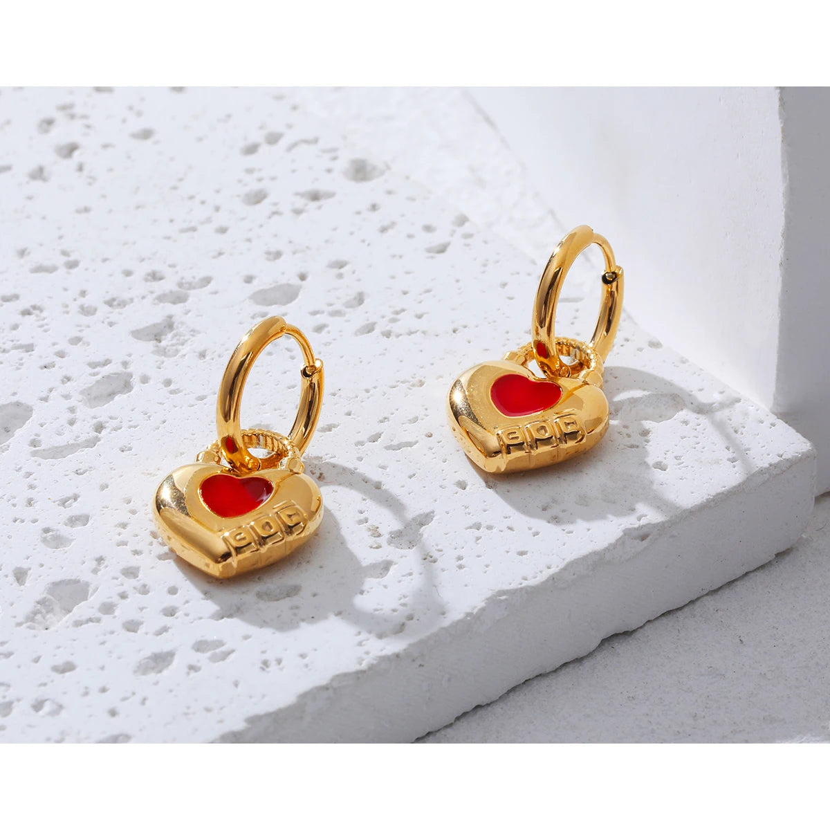 YACHAN Trendy 18K Gold Plated Stainless Steel Hoop Earrings for Women Red Enamel Heart Exquisite Chic Cute Jewelry