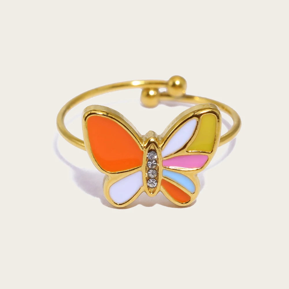 YACHAN Colorful Enamel Butterfly Stainless Steel Rings for Women Creative Cute 18K Gold Plated Jewelry Waterproof