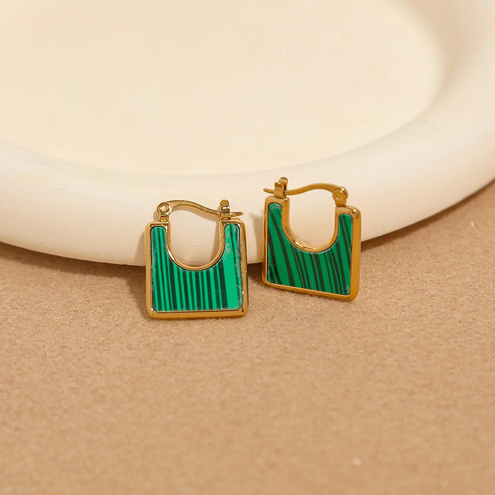 YACHAN Vintage Stainless Steel Square Hoop Earrings for Women Elegant Natural Stone Waterproof Aesthetic Jewelry