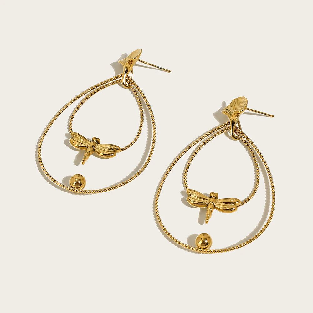 YACHAN 18K Gold Plated Stainless Steel Earrings for Women Creative Dragonfly Ginkgo Leaf Drop Earrings Trendy Jewelry
