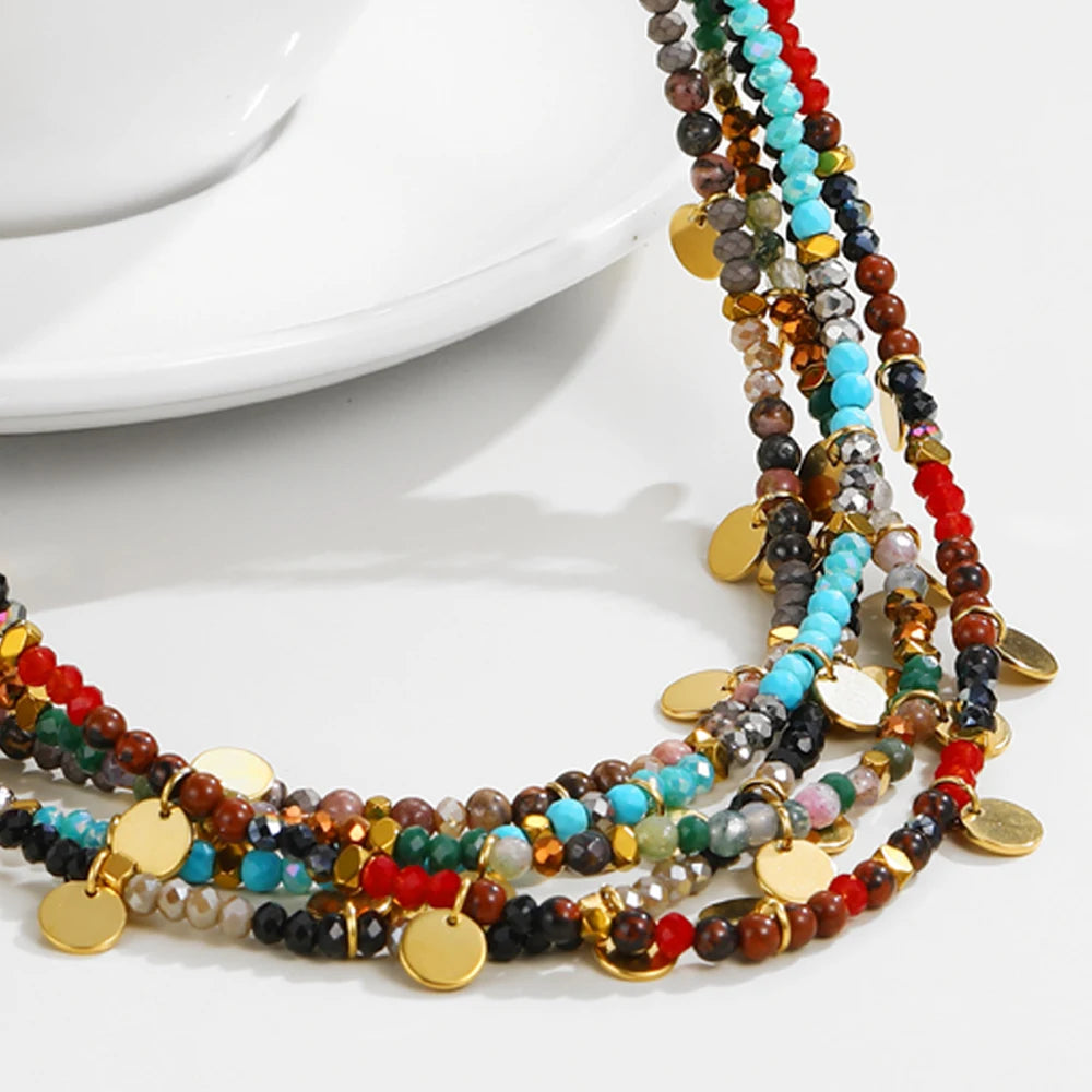 YACHAN Bohemia Colorful Acrylic Beaded Necklace for Women Handmade Bead Stainless Steel round Pendant Necklaces Trendy Jewelry