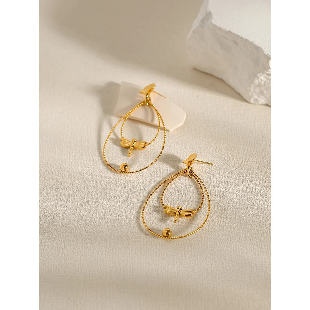 YACHAN 18K Gold Plated Stainless Steel Earrings for Women Creative Dragonfly Ginkgo Leaf Drop Earrings Trendy Jewelry