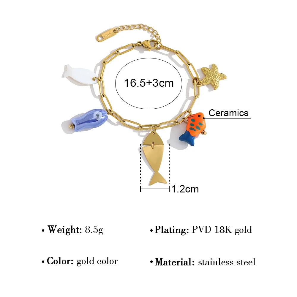 YACHAN Ocean Charms Stainless Steel Bracelet for Women Individual Ceramic Fish Pendants 18K Gold Plated Waterproof Jewelry