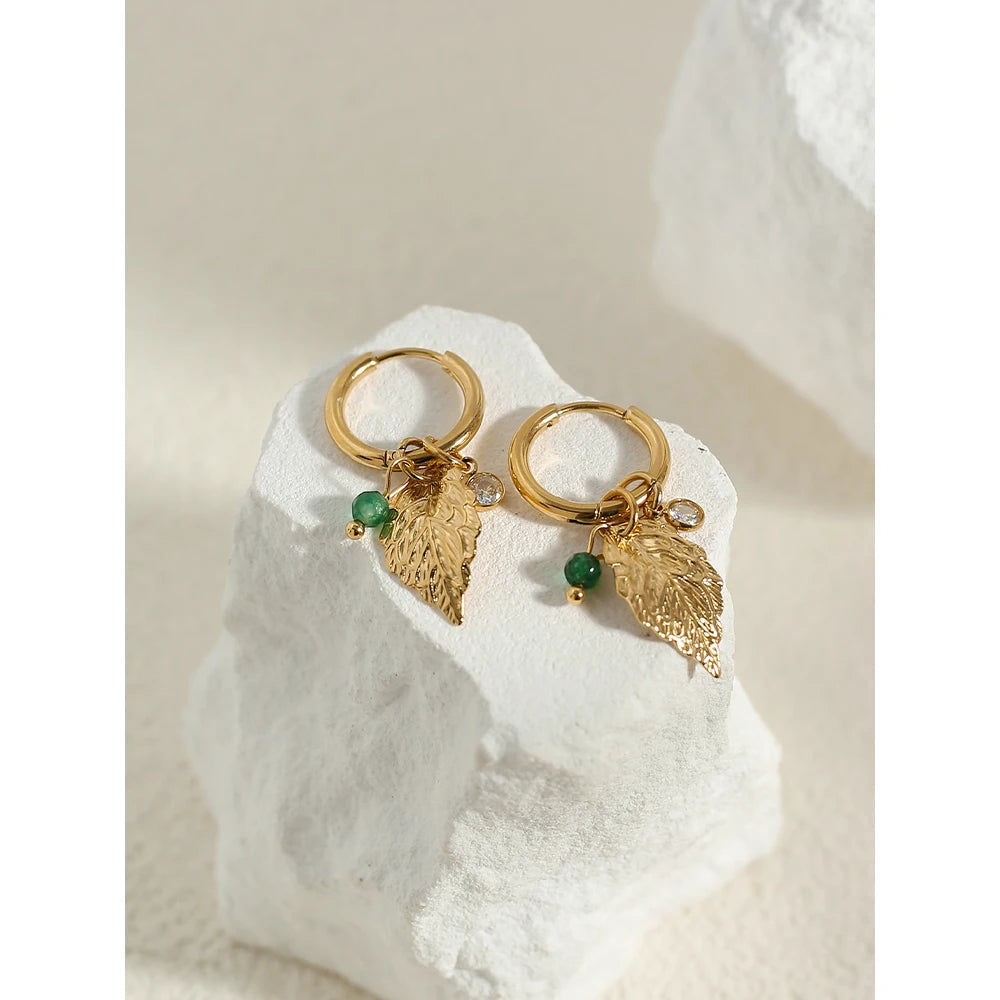 YACHAN 18K Gold Plated Green Natural Stone Stainless Steel Hoop Earrings for Women Luxury Charms Aesthetic Jewelry