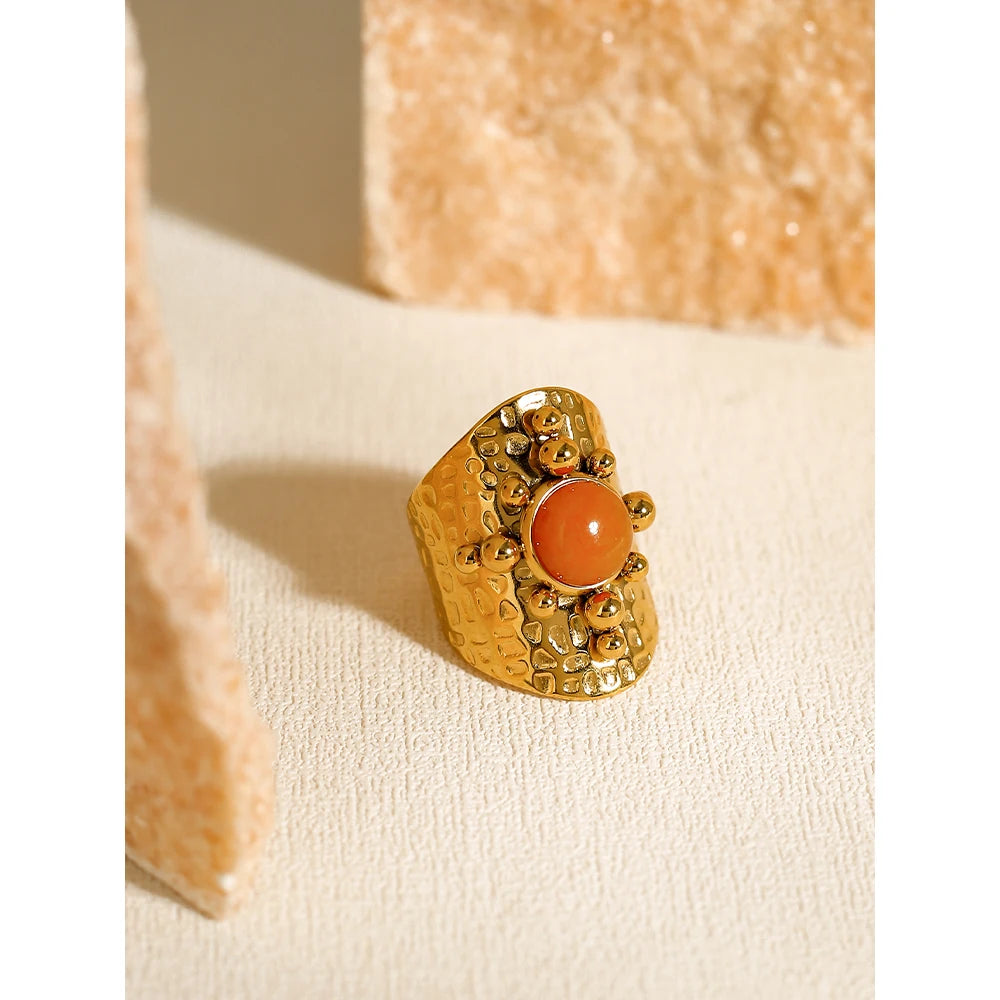 YACHAN 18K Gold Plated Stainless Steel Wide Ring for Women Luxury Orange Stone Metal Texture Trendy Aesthetic Jewelry