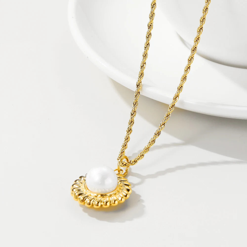 YACHAN Simple Stainless Steel Rope Chains Necklace for Women Pearl round Metal Pendant 18K Gold Plated Necklaces Jewelry Gift