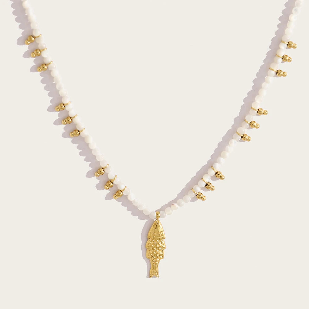 YACHAN Shell Beaded Necklace for Women 18K PVD Gold Plated Stainless Steel Fish Pendant Charm Ocean Waterproof Jewelry