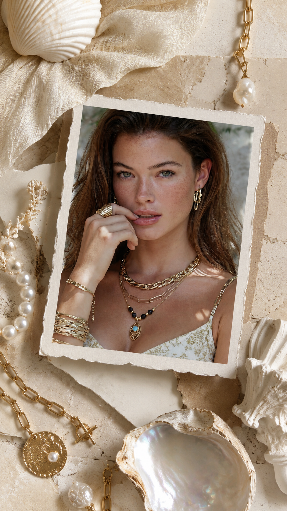 Editorial flat lay of GLORIASAA gold chains, pearls, and hoop earrings